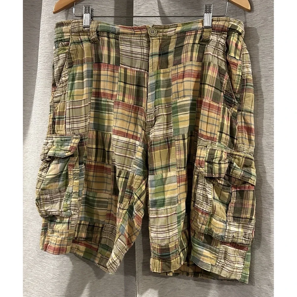 J Crew Madras Field Shorts Mens 34 100% Cotton Multicolor Bermuda Patchwork‎